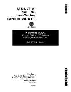 John Deere LT133, LT155 and LT166 Lawn tractor Operator manual OMM137715 — actual manual cover