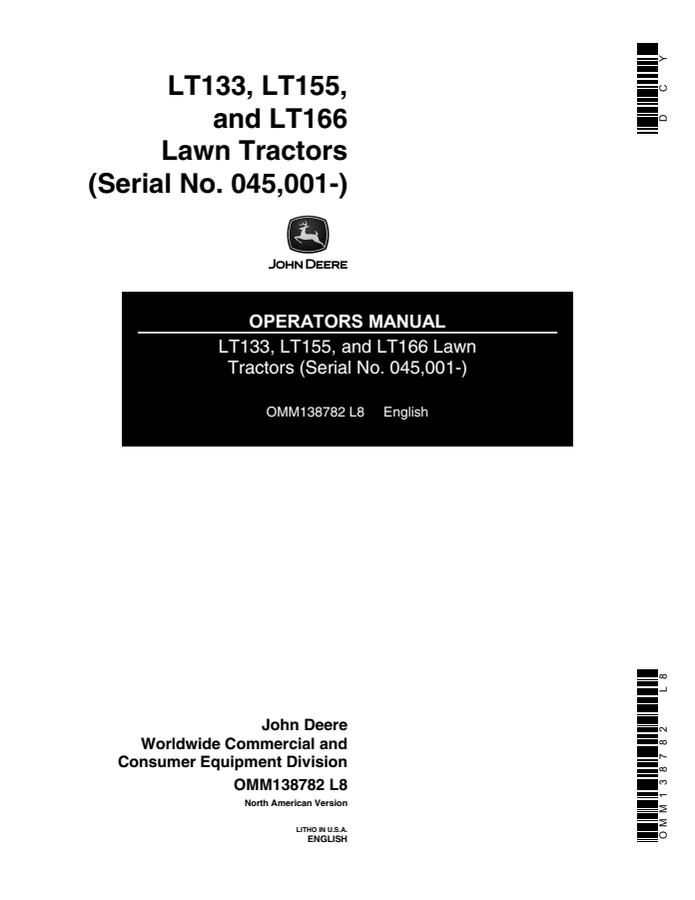 John Deere LT133, LT155 and LT166 Lawn tractor Operator manual OMM138782 — actual manual cover