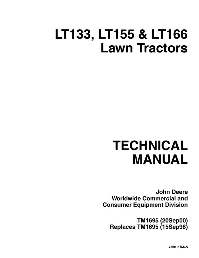 John Deere LT133, LT155, LT166 Lawn Tractor Technical Manual TM1695 — actual manual cover