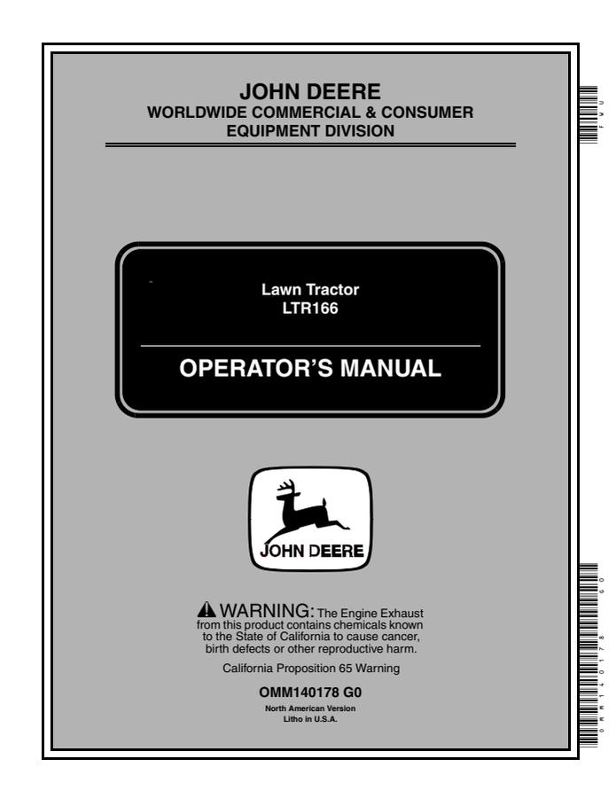 John Deere LTR166 Lawn tractor Operator manual OMM140178 — actual manual cover