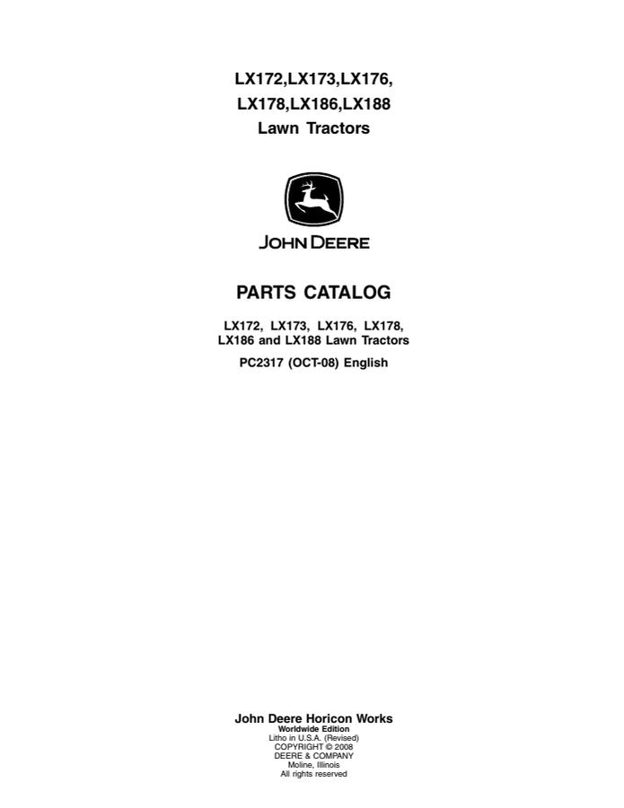 John Deere LX172, LX173, LX176, LX178, LX186, LX188 Lawn tractor Parts catalog PC2317 — actual manual cover