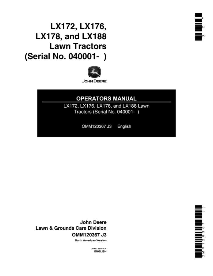 John Deere LX172, LX176, LX178 and LX188 Lawn tractor Operator manual OMM120367 — actual manual cover