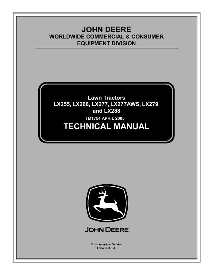 John Deere LX255, LX266, LX277, LX277AWS, LX279, LX288 Lawn Tractor Technical Manual TM1754 — actual manual cover