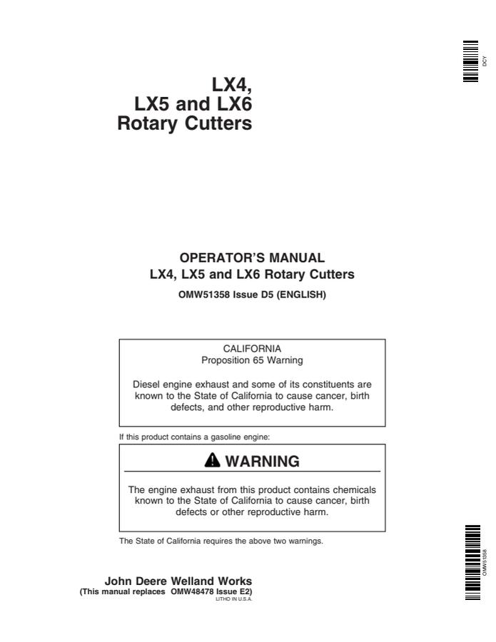 John Deere LX4, LX5 and LX6 Rotary cutter Operator manual OMW51358 — actual manual cover