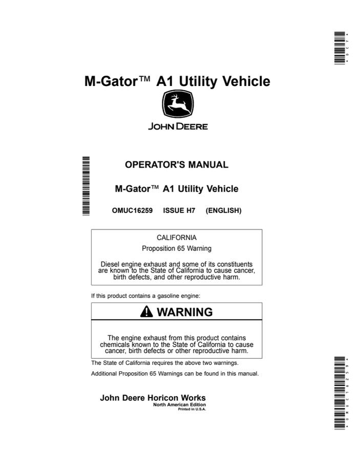 John Deere M-Gator A1 Utility vehicle Operator manual OMUC16259 — actual manual cover