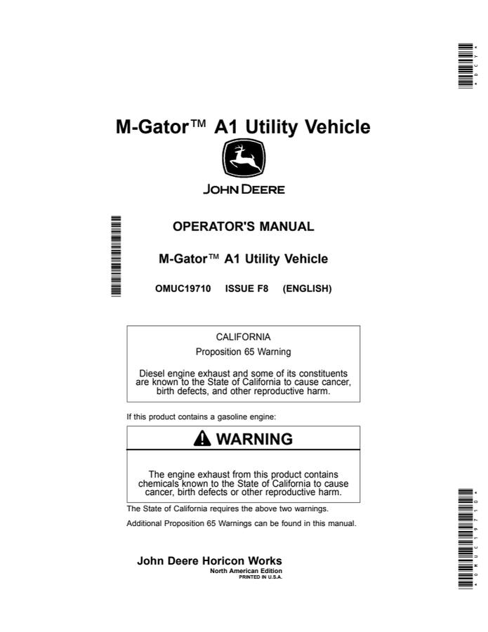 John Deere M-Gator A1 Utility vehicle Operator's manual OMUC19710 — actual manual cover