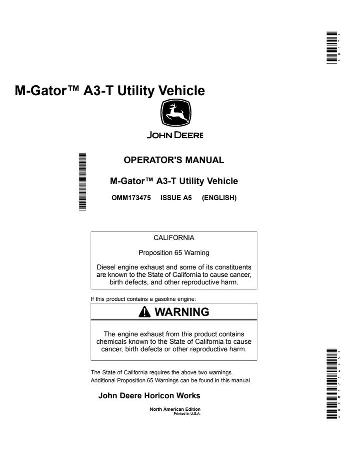 John Deere M-Gator A3-T Utility vehicle Operator manual OMM173475 — actual manual cover
