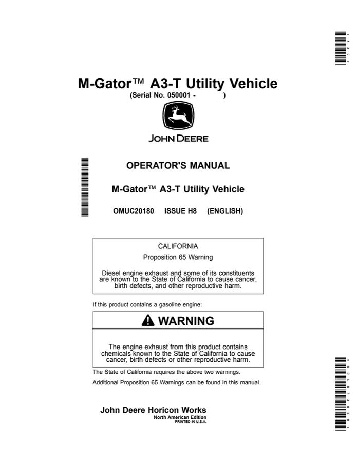 John Deere M-Gator A3-T Utility vehicle Operator manual OMUC20180 — actual manual cover