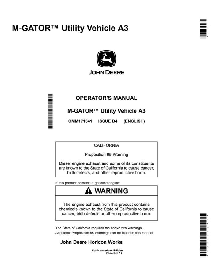 John Deere M-Gator A3 Utility vehicle Operator manual OMM171341 — actual manual cover