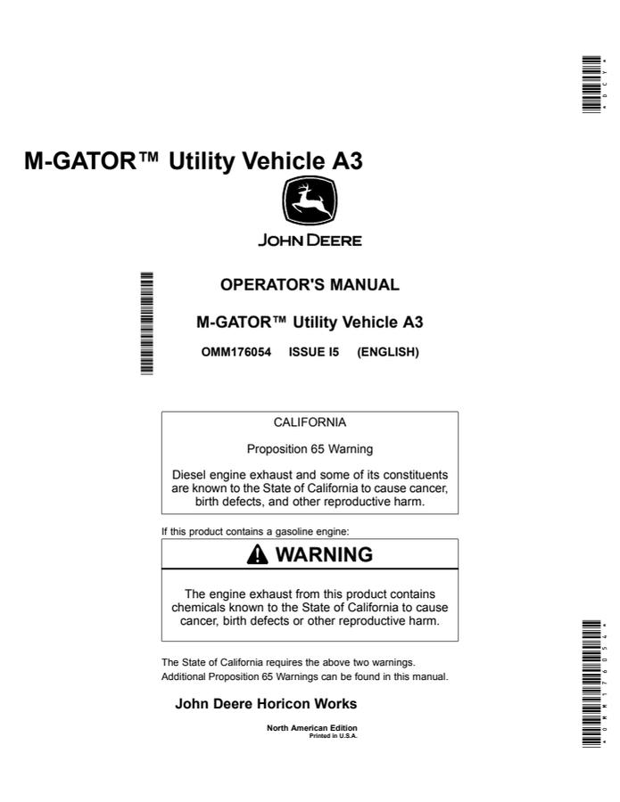 John Deere M-Gator A3 Utility vehicle Operator manual OMM176054 — actual manual cover