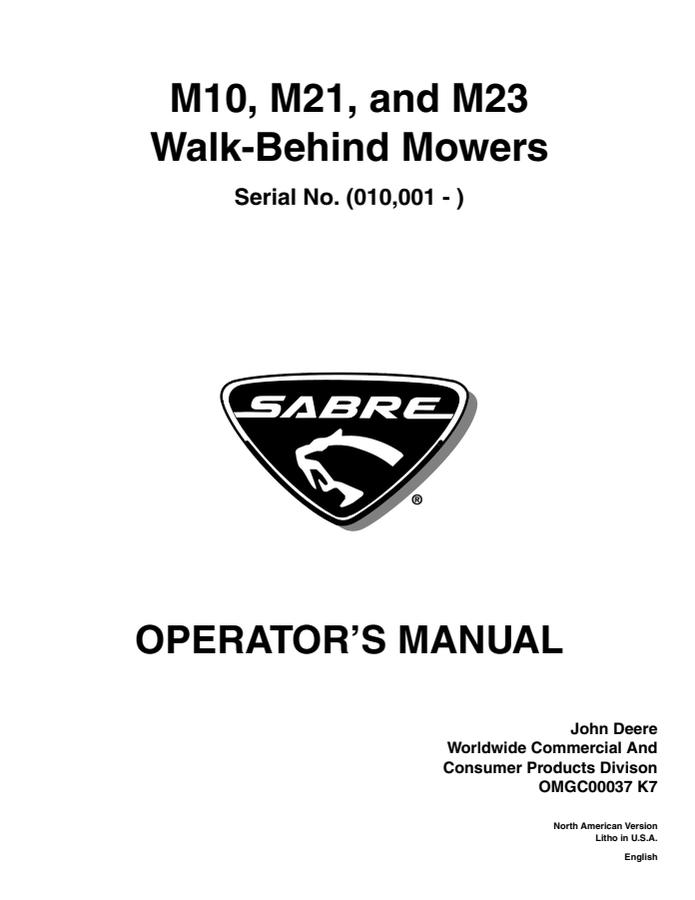 John Deere M10, M21, M23 Walk-behind mower Operator's manual OMGC00037 — actual manual cover