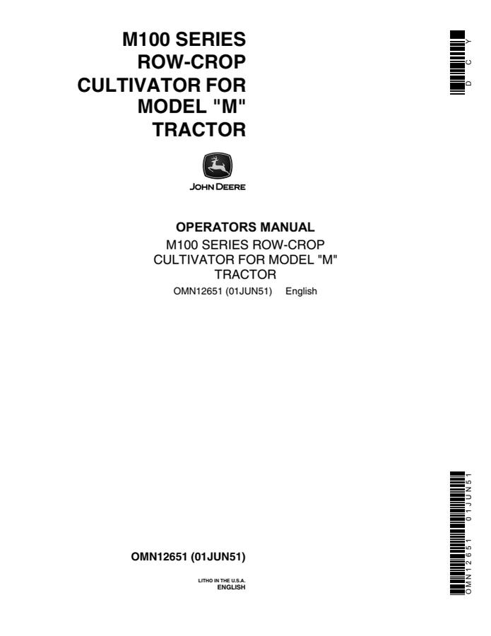 John Deere M100 Series for Model M tractor Row-crop cultivator Operator manual OMN12651 — actual manual cover