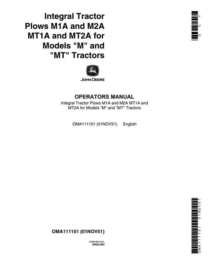 John Deere M1A, M2A, MT1A, MT2A; M and MT tractors Integral tractor plow Operator's manual OMA111151 — actual manual cover