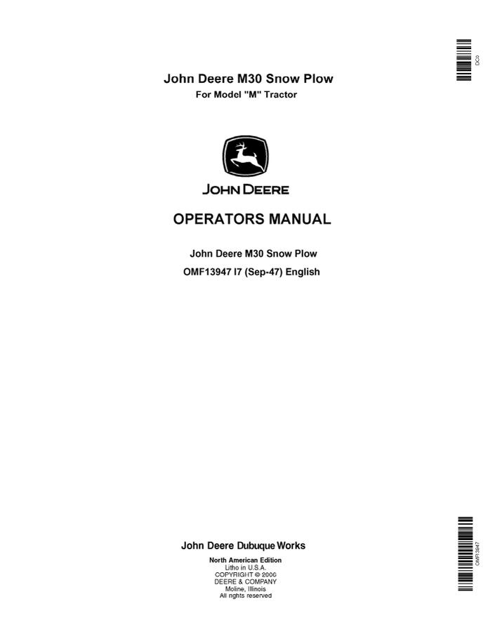 John Deere M30 for Model M tractor Snow plow Operator manual OMF13947 — actual manual cover