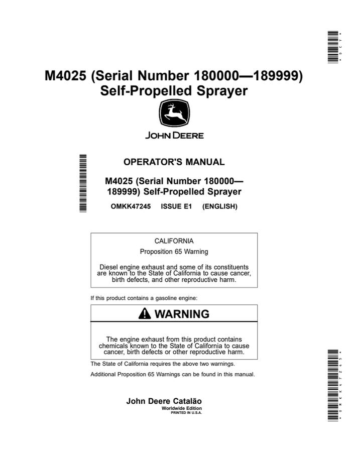 John Deere M4025 Self-propelled sprayer Operator manual OMKK47245 — actual manual cover