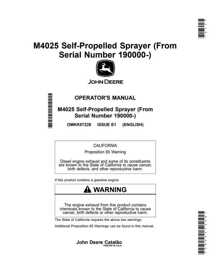 John Deere M4025 Self-propelled sprayer Operator manual OMKK57228 — actual manual cover