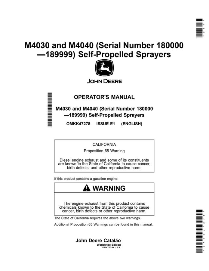 John Deere M4030 and M4040 Self-propelled sprayer Operator manual OMKK47278 — actual manual cover