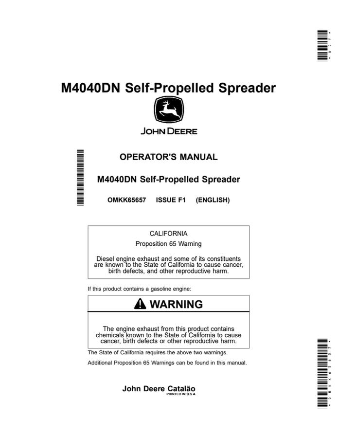 John Deere M4040DN Self-propelled spreader Operator manual OMKK65657 — actual manual cover