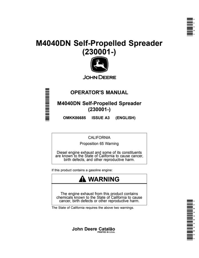John Deere M4040DN Self-propelled spreader Operator manual OMKK86685 — actual manual cover