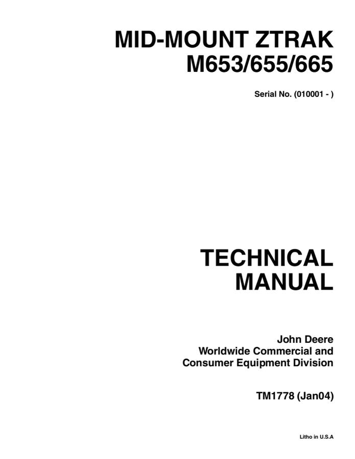 John Deere M653, 655, 665 Mid-Mount ZTrak Mower Technical Manual TM1778 — actual manual cover