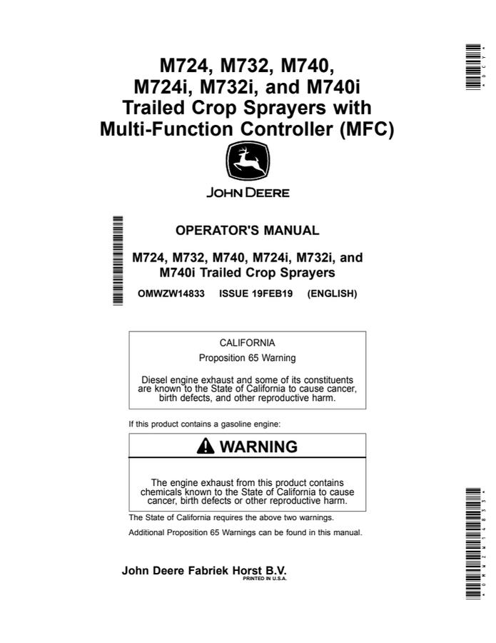 John Deere M724, M732, M740, M724i, M732i, M740i Trailed crop sprayer Operator's manual OMWZW14833 — actual manual cover