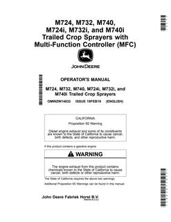 John Deere M724, M732, M740, M724i, M732i, M740i Trailed crop sprayer Operator's manual OMWZW14833 — actual manual cover