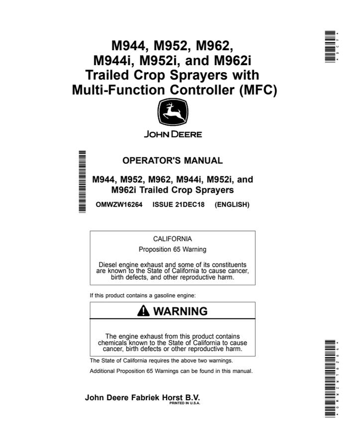 John Deere M944, M952, M962, M944i, M952i and M962i with Multi-Function Controller Trailed crop sprayer Operator manual OMWZW16264 — actual manual cover