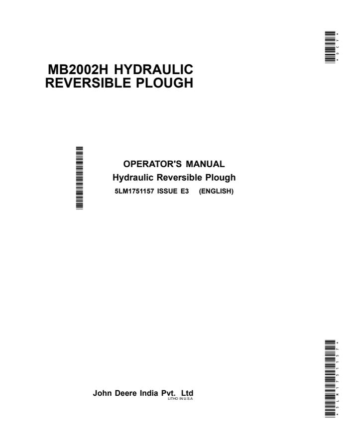 John Deere MB2002H Reversible plough Operator manual 5LM1751157 — actual manual cover