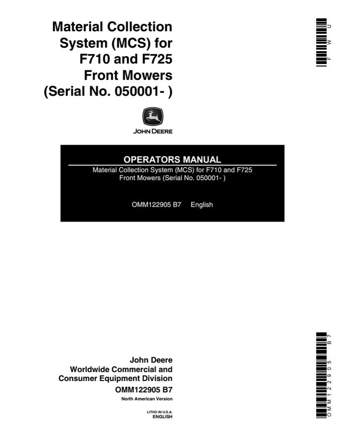 John Deere MCS for F710 and F725 Front Mowers Material collection system Operator manual OMM122905 — actual manual cover