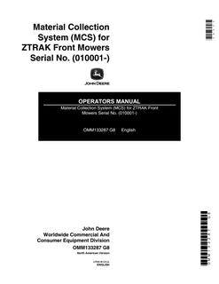 John Deere MCS for ZTrak Front Mowers Material collection system Operator manual OMM133287 — actual manual cover