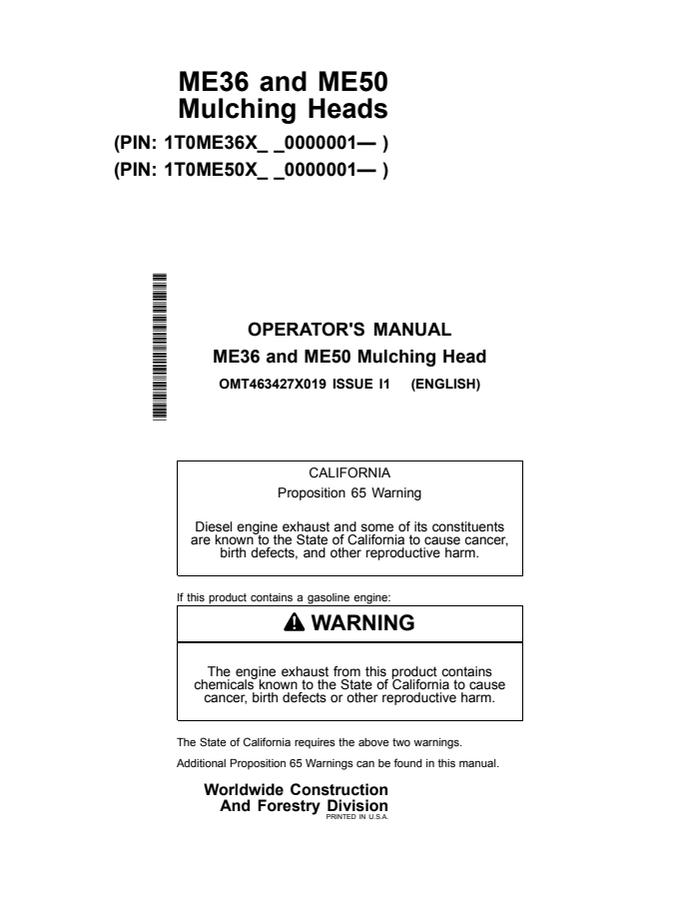 John Deere ME36 and ME50 Mulching head Operator manual OMT463427X019 — actual manual cover