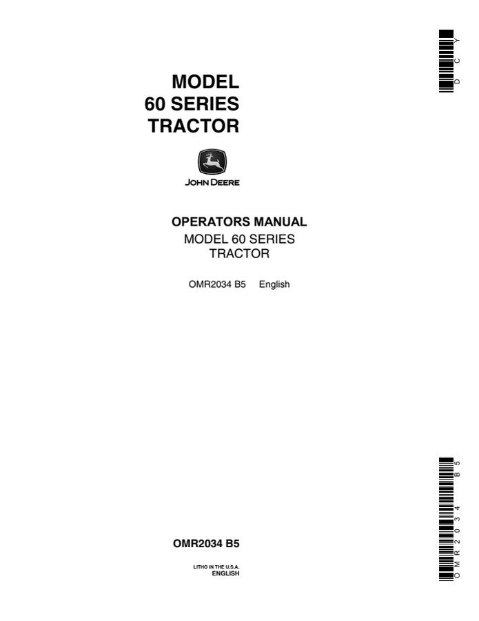 John Deere Model 60 Series Tractor Operator manual OMR2034 — actual manual cover