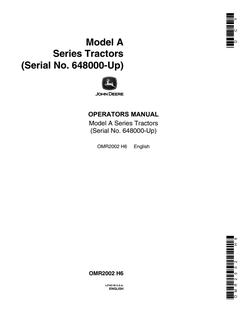 John Deere Model A Series Tractor Operator manual OMR2002 — actual manual cover