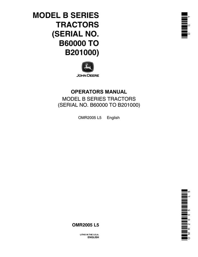 John Deere Model B Series Tractor Operator manual OMR2005 — actual manual cover