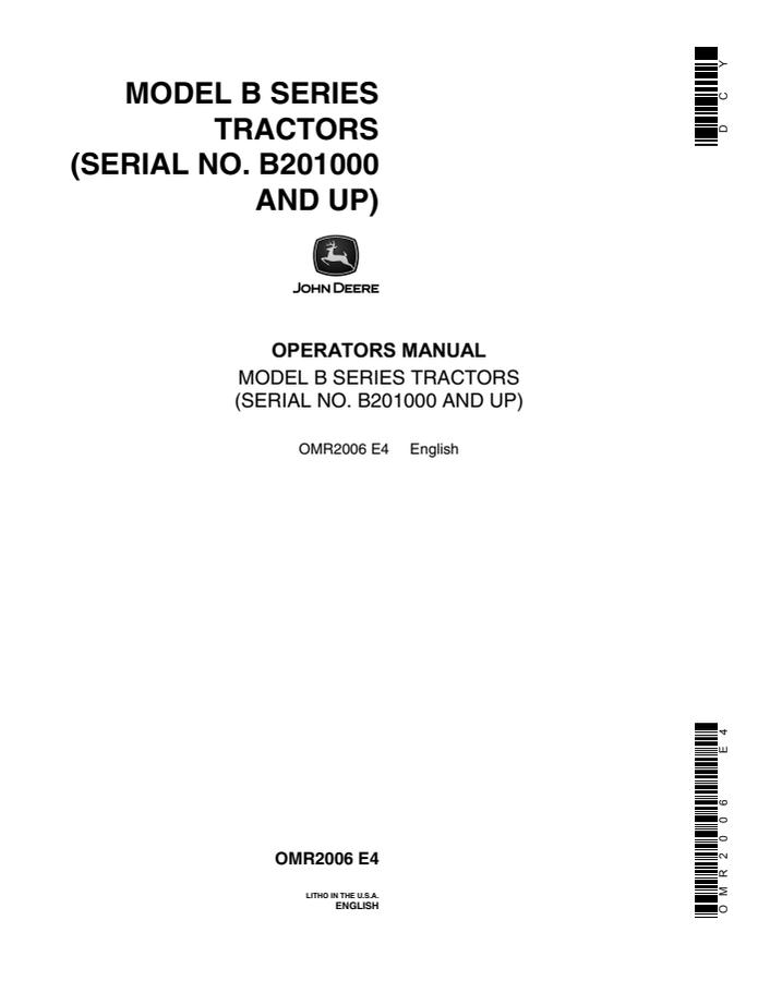John Deere Model B Series Tractor Operator manual OMR2006 — actual manual cover