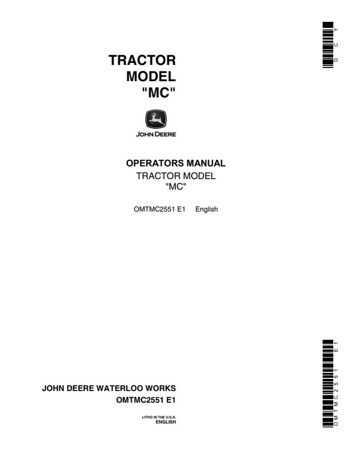 John Deere Model MC Tractor Operator manual OMTMC2551 — actual manual cover
