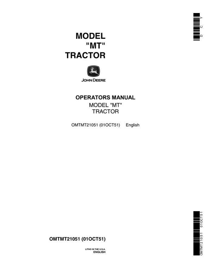 John Deere Model MT Tractor Operator manual OMTMT21051 — actual manual cover