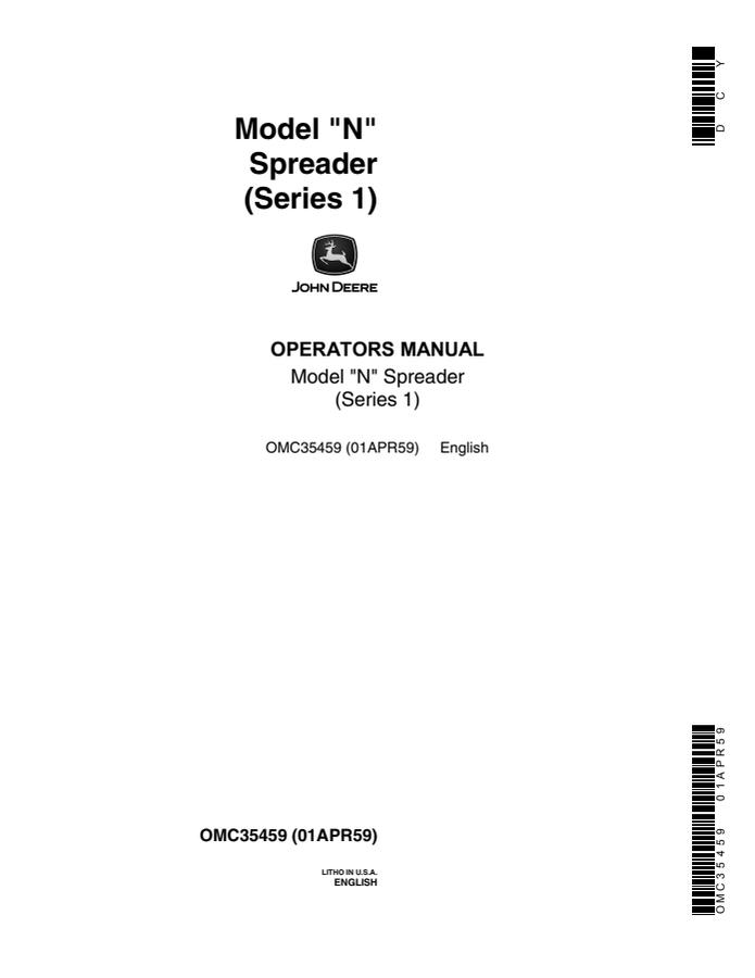 John Deere Model N Series 1 Spreader Operator manual OMC35459 — actual manual cover