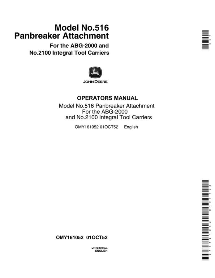 John Deere Model No. 516 Panbreaker attachment Operator Manual OMY161052 — actual manual cover