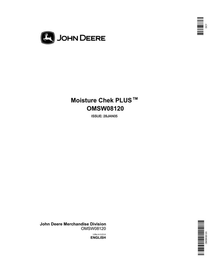 John Deere Moisture Chek PLUS Grain moisture tester Operator manual OMSW08120 — actual manual cover