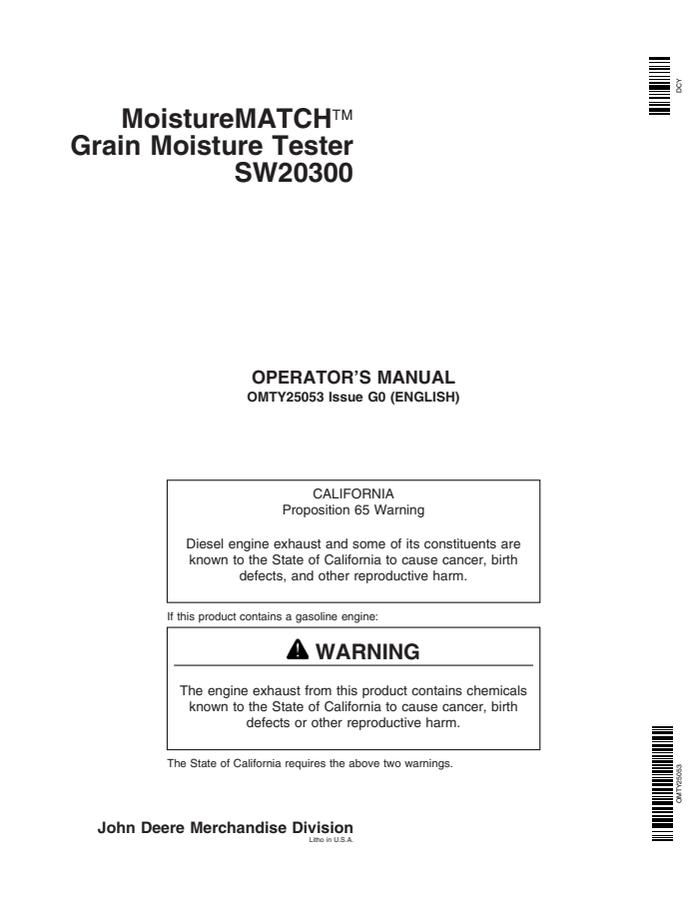 John Deere MoistureMATCH SW20300 Grain moisture tester Operator's manual OMTY25053 — actual manual cover