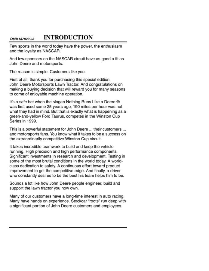 John Deere Motorsports Lawn Tractor Operator's Manual OMM137829 — actual manual cover