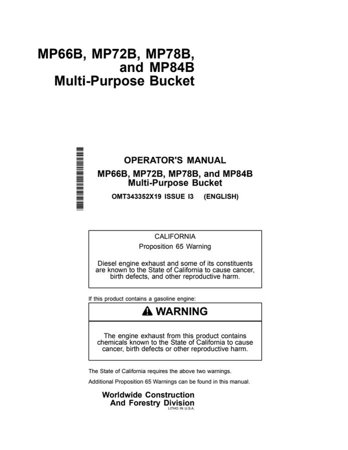 John Deere MP66B, MP72B, MP78B and MP84B Multi-purpose bucket Operator Manual OMT343352X19 — actual manual cover