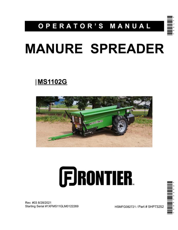 John Deere MS1102G Manure spreader Operator manual 5HP73252 — actual manual cover