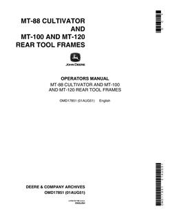 John Deere MT-88 cultivator; MT-100 and MT-120 rear tool frames Cultivator and rear tool frame Operator Manual OMD17851 — actual manual cover