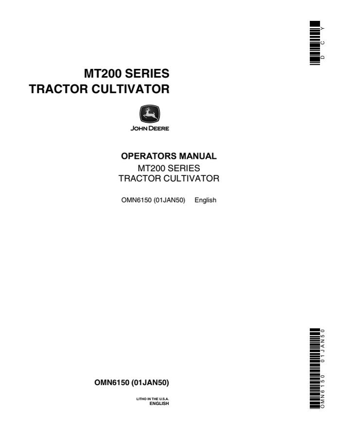 John Deere MT200 Series Tractor cultivator Operator Manual OMN6150 — actual manual cover