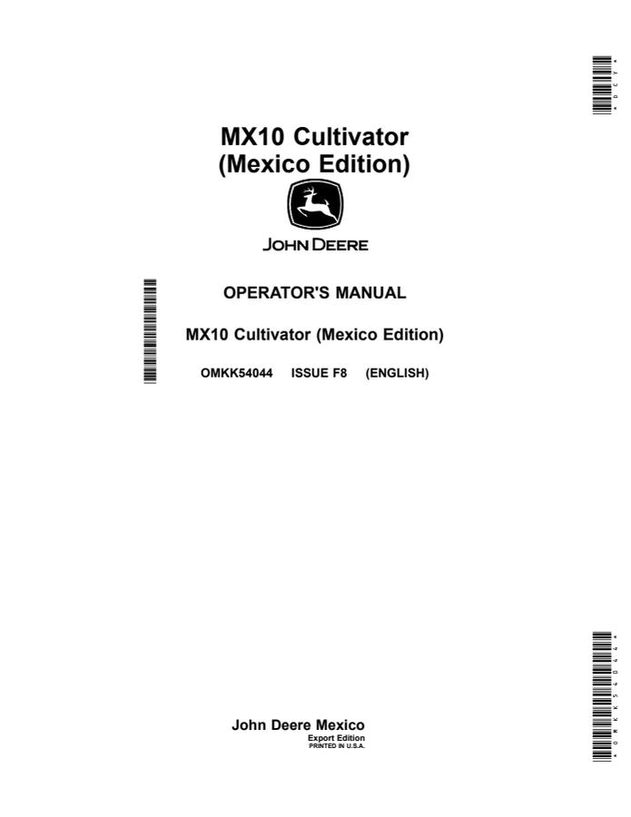 John Deere MX10 Cultivator Operator Manual OMKK54044 — actual manual cover