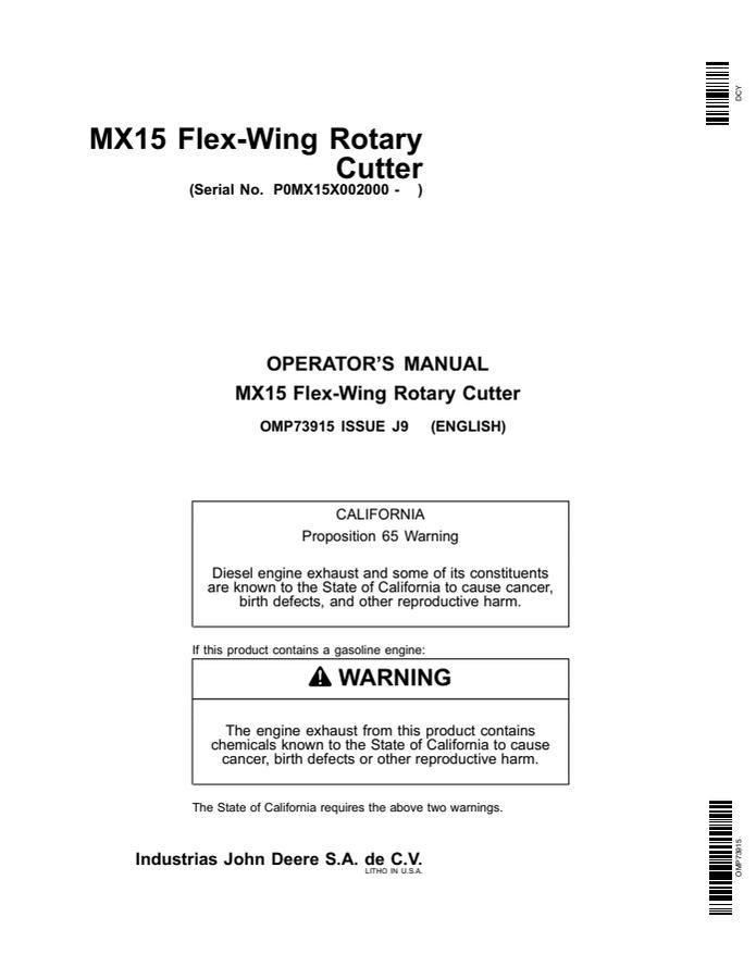 John Deere MX15 Flex-Wing Rotary Cutter Operator's Manual OMP73915 — actual manual cover