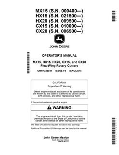 John Deere MX15, HX15, HX20, CX15 and CX20 Flex-wing rotary cutter Operator Manual OMFH338031 — actual manual cover