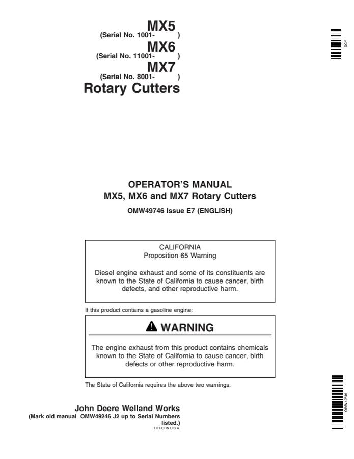 John Deere MX5, MX6 and MX7 Rotary cutter Operator Manual OMW49746 — actual manual cover